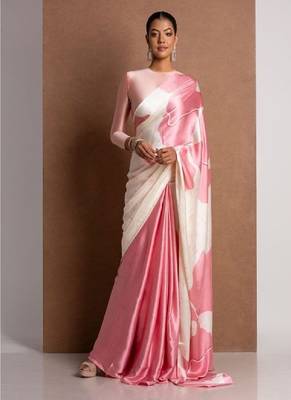 Pink crepe digital printed saree with blouse 1