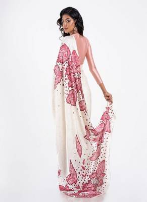 Peach crepe digital printed saree with blouse 2