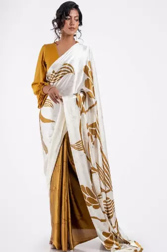 Mustard crepe digital printed saree with blouse
