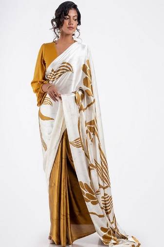 Mustard crepe digital printed saree with blouse