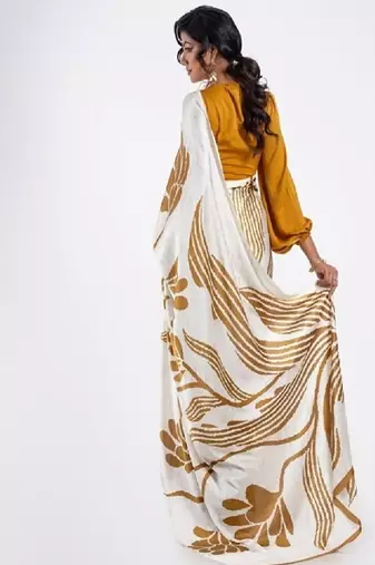Mustard crepe digital printed saree with blouse