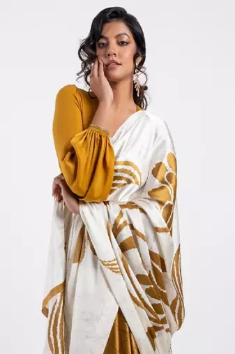Mustard crepe digital printed saree with blouse