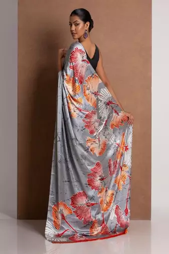 Grey crepe digital printed saree with blouse