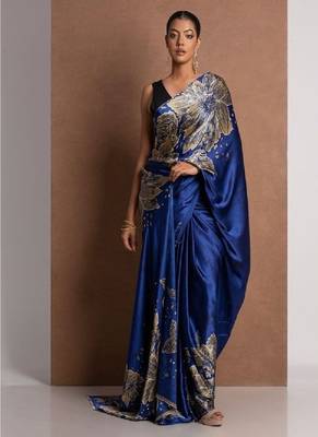 Blue crepe digital printed saree with blouse 1
