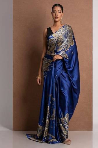 Blue crepe digital printed saree with blouse