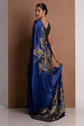 Blue crepe digital printed saree with blouse
