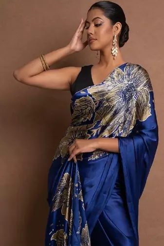 Blue crepe digital printed saree with blouse