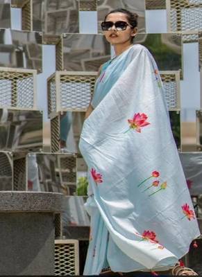 Blue plain linen digital printed with blouse 2