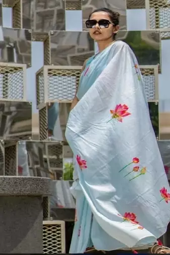 Blue plain linen digital printed with blouse