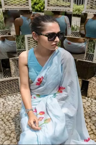 Blue plain linen digital printed with blouse