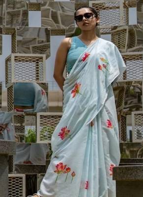 Blue plain linen digital printed with blouse 4