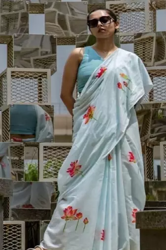 Blue plain linen digital printed with blouse