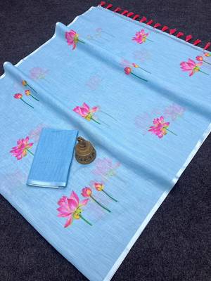 Blue plain linen digital printed with blouse 1