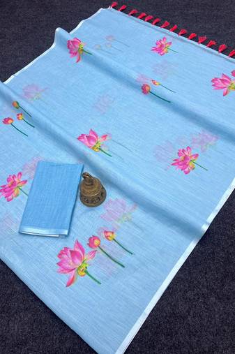 Blue plain linen digital printed with blouse