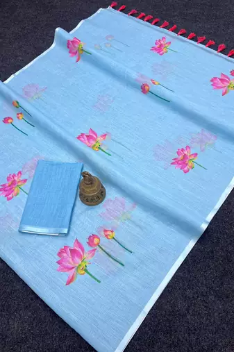Blue plain linen digital printed with blouse