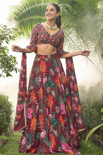 Digital Print Faux Georget Multi Sequnce LaceWork Lehenga Choli With Unstitched Blouse and Stitched Print Dupatta