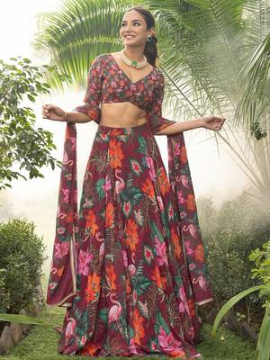 Digital Print Faux Georget Multi Sequnce LaceWork Lehenga Choli With Unstitched Blouse and Stitched Print Dupatta 1
