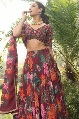 Digital Print Faux Georget Multi Sequnce LaceWork Lehenga Choli With Unstitched Blouse and Stitched Print Dupatta
