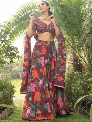 Digital Print Faux Georget Multi Sequnce LaceWork Lehenga Choli With Unstitched Blouse and Stitched Print Dupatta 3