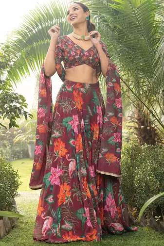 Digital Print Faux Georget Multi Sequnce LaceWork Lehenga Choli With Unstitched Blouse and Stitched Print Dupatta