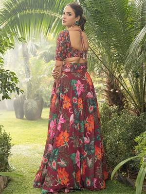 Digital Print Faux Georget Multi Sequnce LaceWork Lehenga Choli With Unstitched Blouse and Stitched Print Dupatta 4