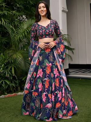 Digital Print Faux Georget Multi Sequnce LaceWork Lehenga Choli With Unstitched Blouse and Stitched Print Dupatta 1