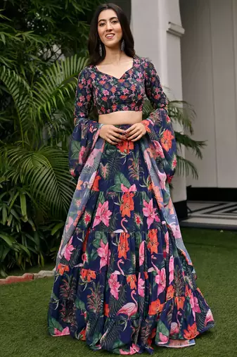 Digital Print Faux Georget Multi Sequnce LaceWork Lehenga Choli With Unstitched Blouse and Stitched Print Dupatta