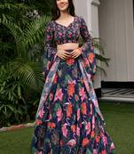 Digital Print Faux Georget Multi Sequnce LaceWork Lehenga Choli With Unstitched Blouse and Stitched Print Dupatta