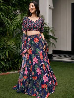 Digital Print Faux Georget Multi Sequnce LaceWork Lehenga Choli With Unstitched Blouse and Stitched Print Dupatta 2