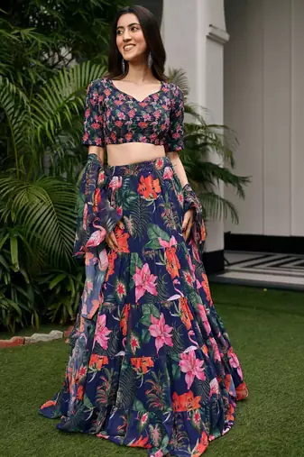 Digital Print Faux Georget Multi Sequnce LaceWork Lehenga Choli With Unstitched Blouse and Stitched Print Dupatta