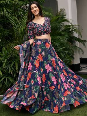 Digital Print Faux Georget Multi Sequnce LaceWork Lehenga Choli With Unstitched Blouse and Stitched Print Dupatta 3