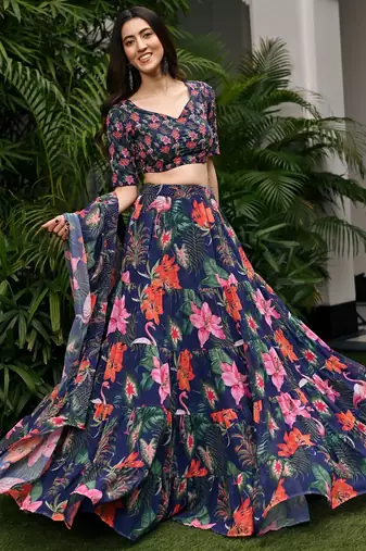 Digital Print Faux Georget Multi Sequnce LaceWork Lehenga Choli With Unstitched Blouse and Stitched Print Dupatta