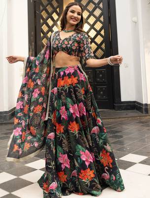 Digital Print Faux Georget Multi Sequnce LaceWork Lehenga Choli With Unstitched Blouse and Stitched Print Dupatta 1