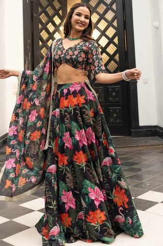 Digital Print Faux Georget Multi Sequnce LaceWork Lehenga Choli With Unstitched Blouse and Stitched Print Dupatta