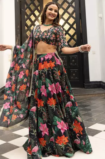 Digital Print Faux Georget Multi Sequnce LaceWork Lehenga Choli With Unstitched Blouse and Stitched Print Dupatta