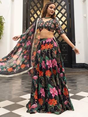 Digital Print Faux Georget Multi Sequnce LaceWork Lehenga Choli With Unstitched Blouse and Stitched Print Dupatta 2