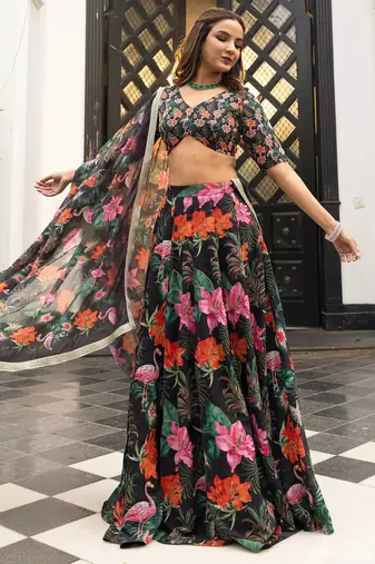 Digital Print Faux Georget Multi Sequnce LaceWork Lehenga Choli With Unstitched Blouse and Stitched Print Dupatta