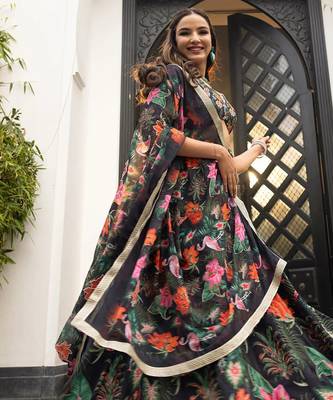 Digital Print Faux Georget Multi Sequnce LaceWork Lehenga Choli With Unstitched Blouse and Stitched Print Dupatta 4