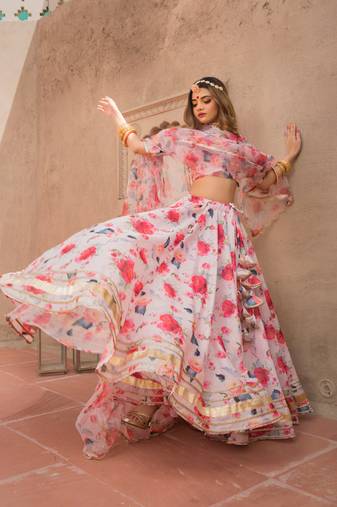Digital Print Maslin Silk Lehenga With Unstitched Blouse And Organza Dupatta