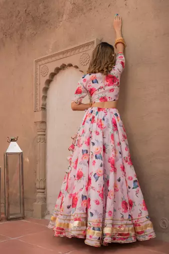 Digital Print Maslin Silk Lehenga With Unstitched Blouse And Organza Dupatta