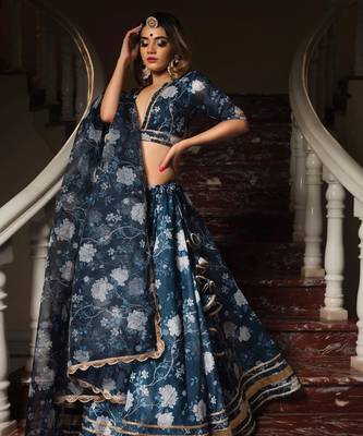 Blue Ethnic Motifs Digital Print Lehenga With Unstitched Blouse And Organza Dupatta 1