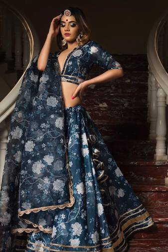 Blue Ethnic Motifs Digital Print Lehenga With Unstitched Blouse And Organza Dupatta