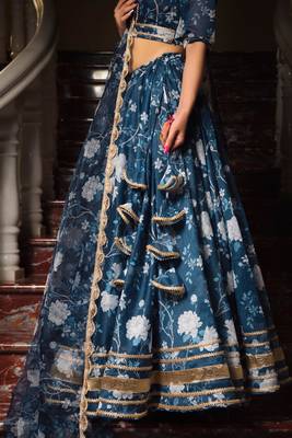 Blue Ethnic Motifs Digital Print Lehenga With Unstitched Blouse And Organza Dupatta 2