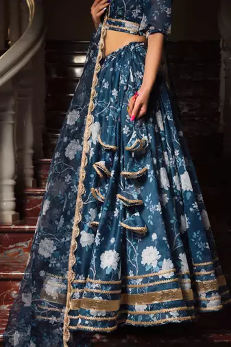 Blue Ethnic Motifs Digital Print Lehenga With Unstitched Blouse And Organza Dupatta