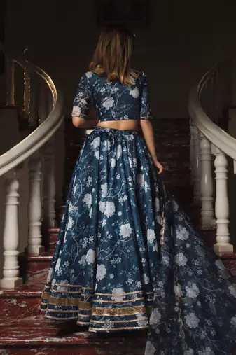 Blue Ethnic Motifs Digital Print Lehenga With Unstitched Blouse And Organza Dupatta