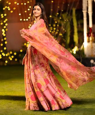 Digital Print Shiney Satin SemiStitched Lehenga Choli With Unstitched Blouse and Orgenza Dupatta 2