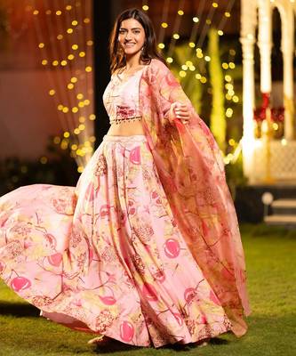 Digital Print Shiney Satin SemiStitched Lehenga Choli With Unstitched Blouse and Orgenza Dupatta 4