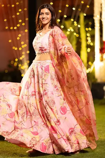 Digital Print Shiney Satin SemiStitched Lehenga Choli With Unstitched Blouse and Orgenza Dupatta