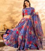 Digital Print Shiney Satin SemiStitched Lehenga Choli With Unstitched Blouse and Orgenza Dupatta