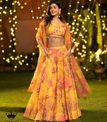Digital Print Shiney Satin SemiStitched Lehenga Choli With Unstitched Blouse and Orgenza Dupatta